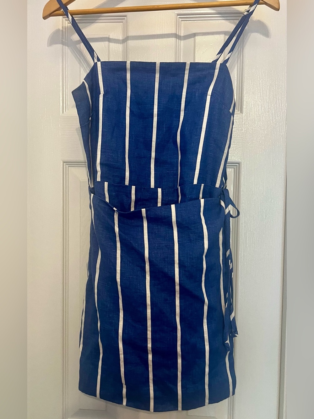 Faithfull the Brand Blue & White Striped Linen Wrap Dress Size M